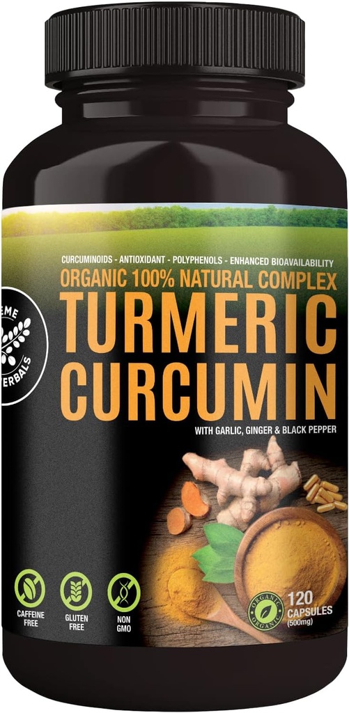 100% Raw and Organic Gurkemeje Curcumin Kapsler. Certificeret Økologisk, Glutenfri, Non- GMO, og Caffe- fri. Forbedret med hvidløg, Ingefær og sort peber, 500mg, 120 Veganske kapsler