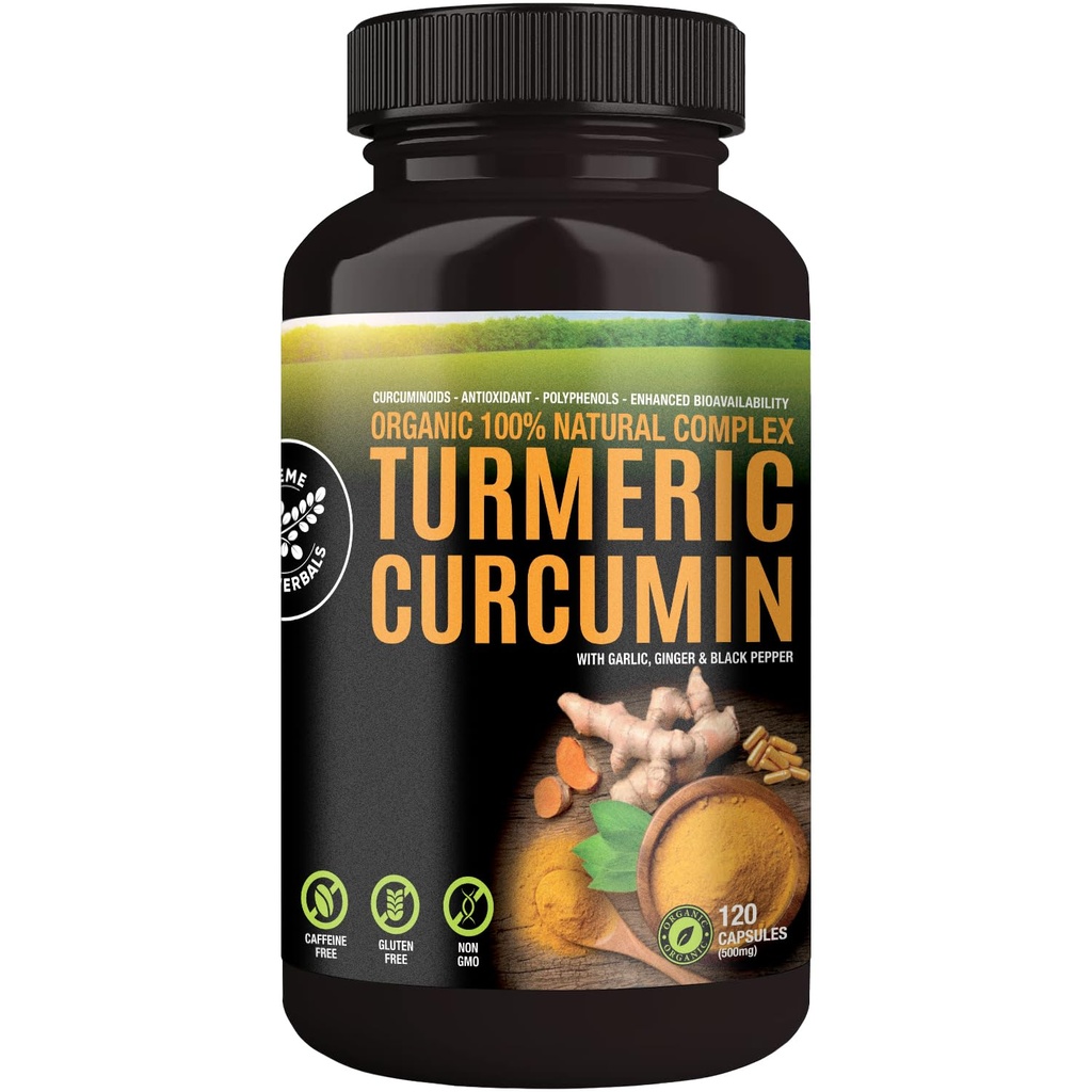 100% Raw and Organic Gurkemeje Curcumin Kapsler. Certificeret Økologisk, Glutenfri, Non- GMO, og Caffe- fri. Forbedret med hvidløg, Ingefær og sort peber, 500mg, 120 Veganske kapsler