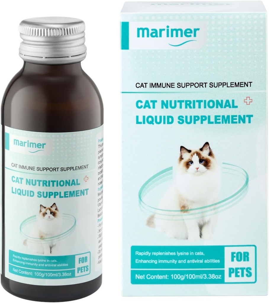 Cat Immune Support Supplement, Nutritional Liquid with L-Lysine and Astragalus, Enhances Immunity and Relieves Herpes Symptoms, 3.38oz (100ml) for Cats of All Ages