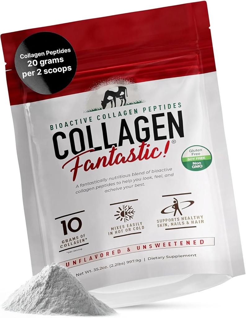 Collagen Peptider Powder Unflavored 2.2lb - Grass- Fed Bovine Protein for Joints, Bones & Skin - Type I & III Hydrolyzed Collagen - Gluten- Free, Non-GMO & Soy- Free - 90 Servere