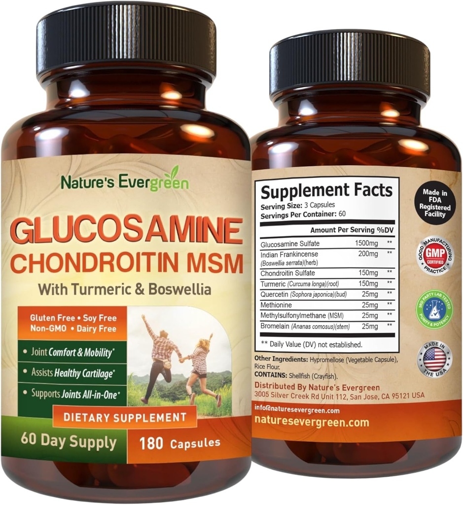 Glucosamin Chondroitin MSM med gurkemeje & Boswellia Supplement 124; Joint Support Glucosamin Sulfate 1500mg