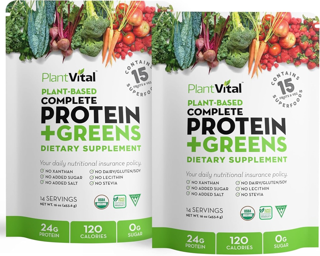 Plantvital Uflavored Organic Vegan Protein Powder - 15 Superfoods, Veggies and Probiotics - Organic Plant- Based Protein Powder - All BCAA 's, Gluten Free - 16oz (Pack of 2)