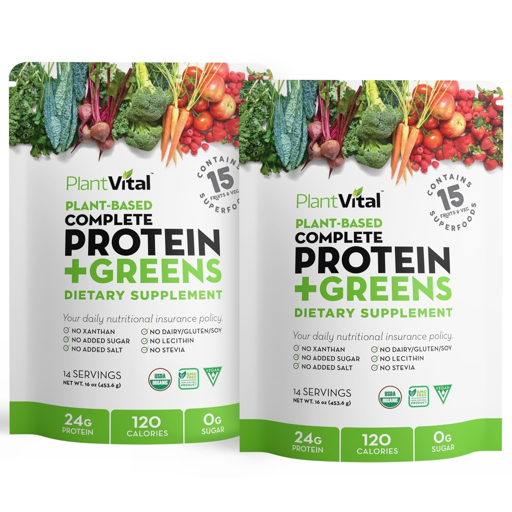 Plantvital Uflavored Organic Vegan Protein Powder - 15 Superfoods, Veggies and Probiotics - Organic Plant- Based Protein Powder - All BCAA 's, Gluten Free - 16oz (Pack of 2)