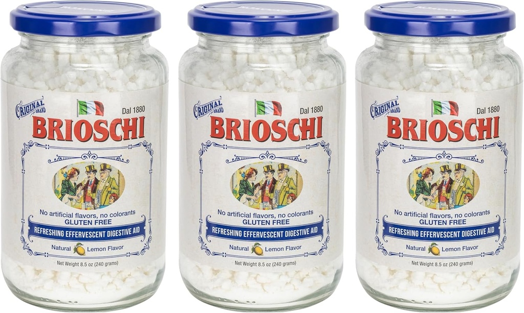 Brioschi [Pack 3 Italian Lemon Flavored Refreshing Effervescent | Digestive Aid, Heartburn, Upset Stomach, Acid Indigestion | Gluten Free, No Colorants, No Artifictial Flavors | 8.5 oz Glass