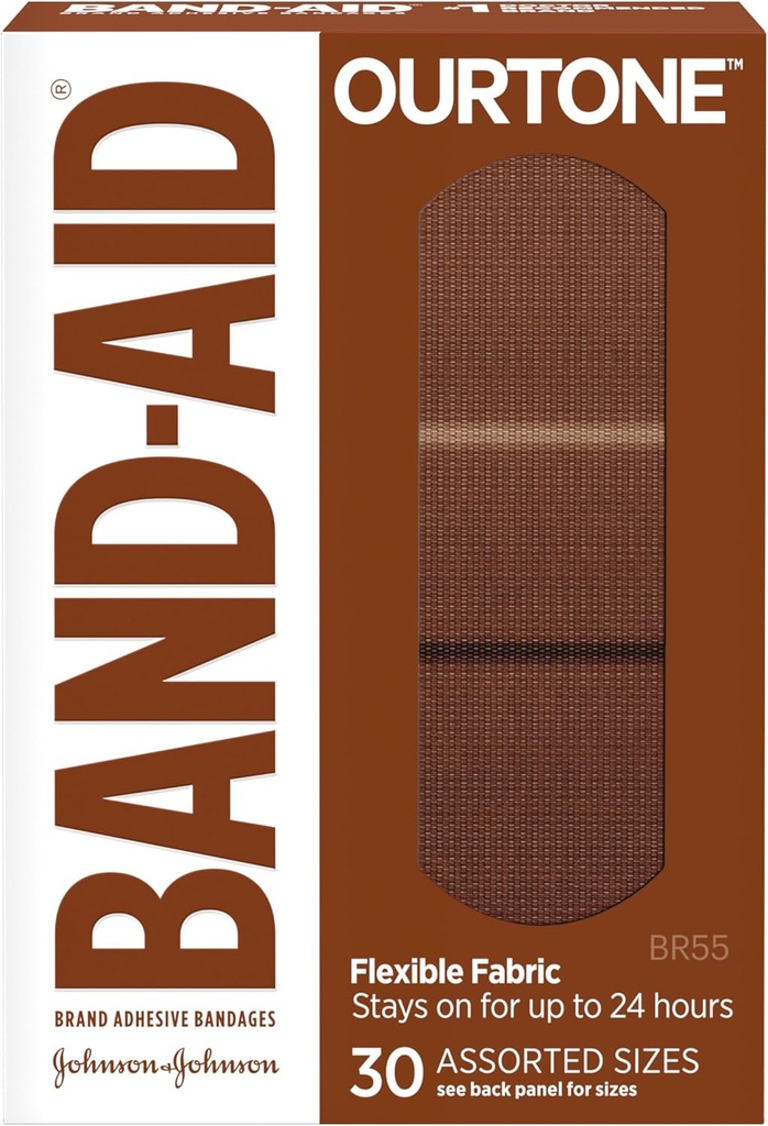 Band- Aid Brand Ourtone Adhesive Bandages, Fleksibel Beskyttelse & Care af Minor Cuts & Scrapes, Quilt- Aid Pad for Painful Wounds, BR55, Assorted Sizes, 30 ct