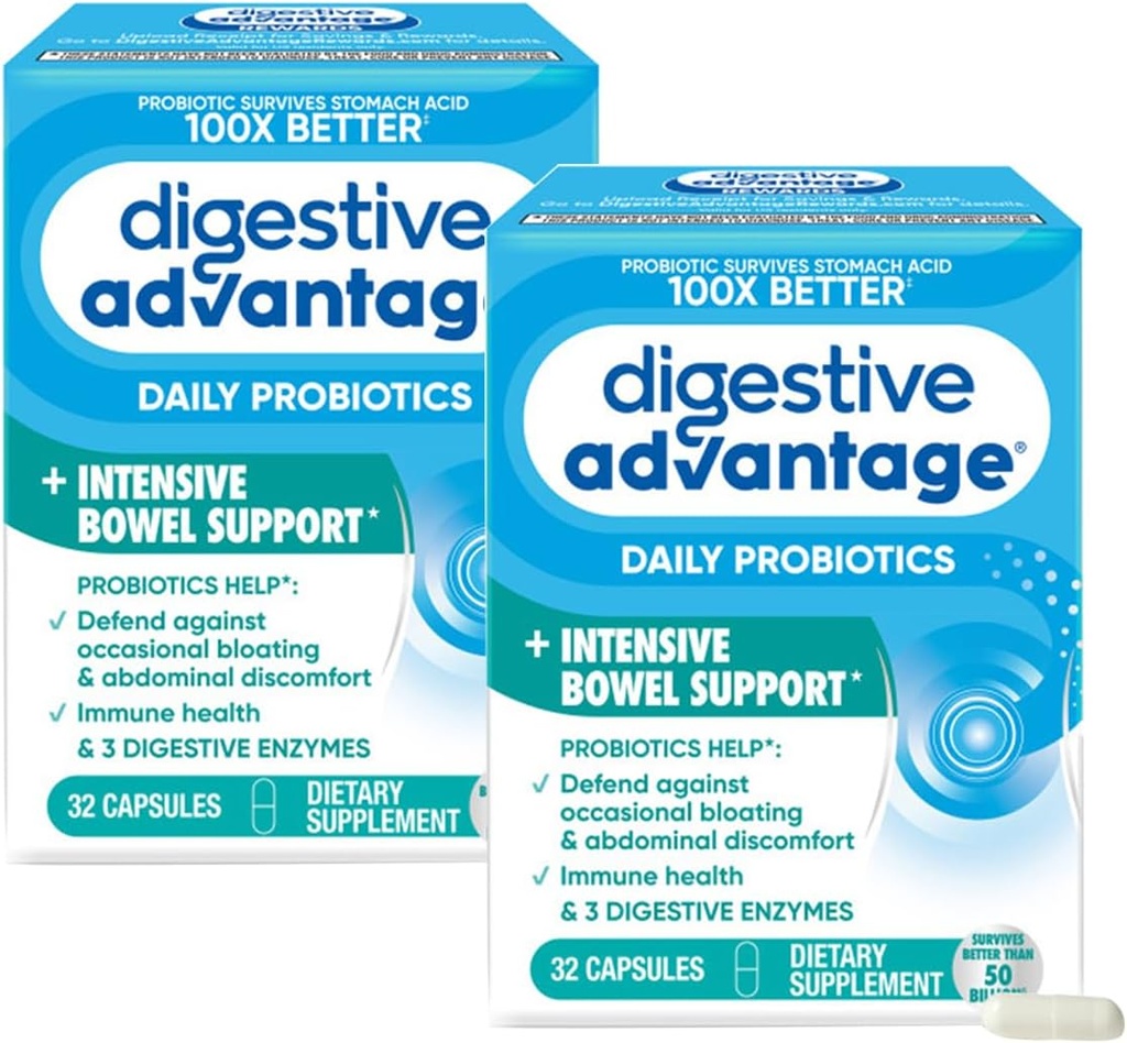 Fordøjelsesfordele Intensiv tarmstøtte Probiotisk forsvar mod gas & bloating, 32 Count Capsules (2 Pack)