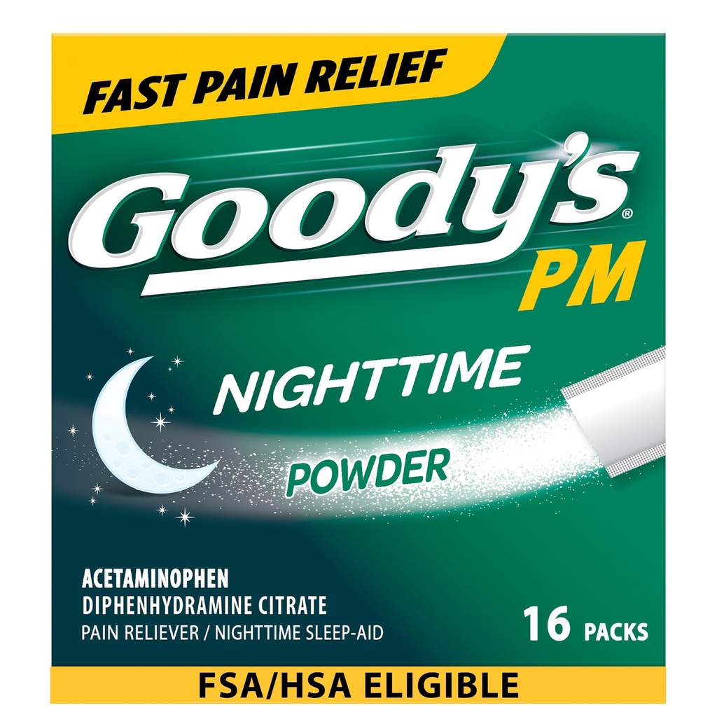 Goody 's Nighttime Powder, Pain Reliever & Sleep Aid med Acetaminophen & Diphenhydramin Citrate, Koffein Free, 16 Greve