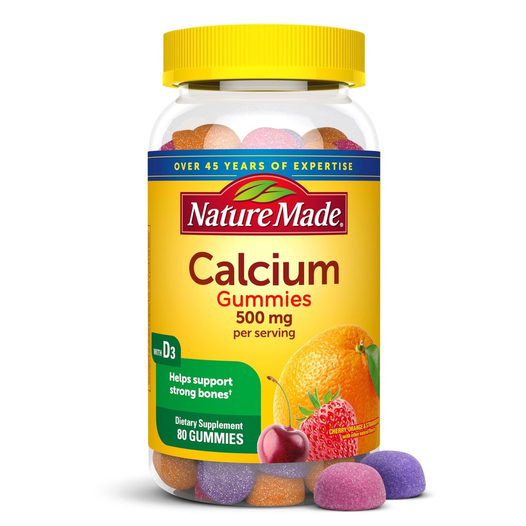 Nature Made Calcium Gummies 500 mg Per Serving with Vitamin D3, Dietary Calcium Supplement for Bone Support, 80 Gummies, 40 Day Supply