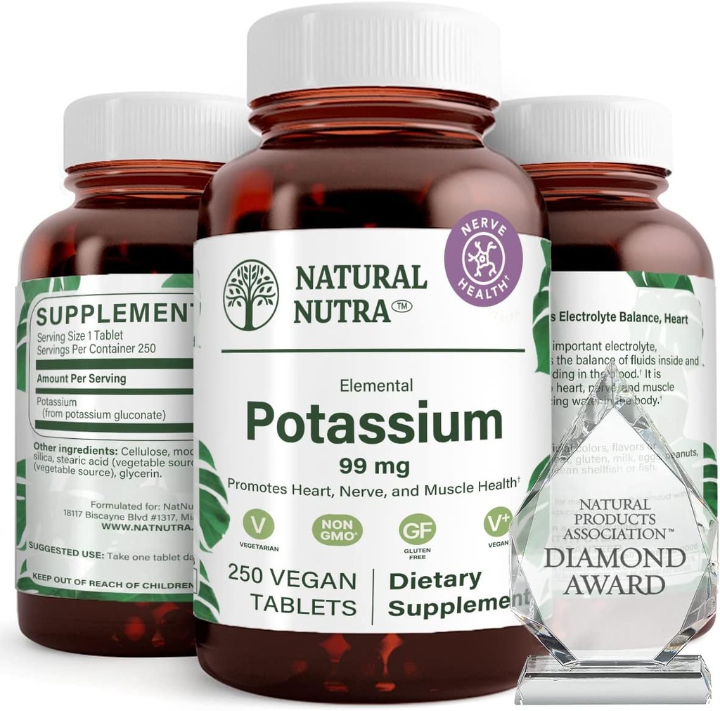 Naturlig Nutra Elemental Kalium Gluconate 99 mg Kosttilskud - fremmer energi, Hjælper Boost Nervesystemet, fremmer hjerte sundhed, Mineral regulering, Muskelfunktion - 250 Vegan tabletter