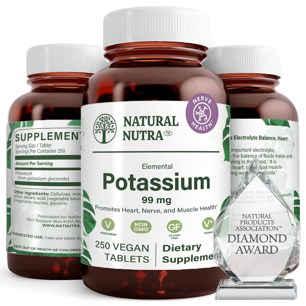 Naturlig Nutra Elemental Kalium Gluconate 99 mg Kosttilskud - fremmer energi, Hjælper Boost Nervesystemet, fremmer hjerte sundhed, Mineral regulering, Muskelfunktion - 250 Vegan tabletter
