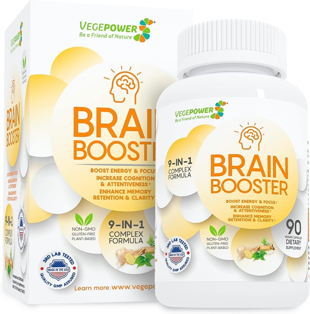 Brain Booster Natural Nootropics Supplement - Forbedre fokus, hukommelse, Klarhed, energi og reducere Forgetfulness Anti- Aging for kvinder Mænd, Guarana, Ginseng, Rhodiola Extract Vegan 90 Kapsler