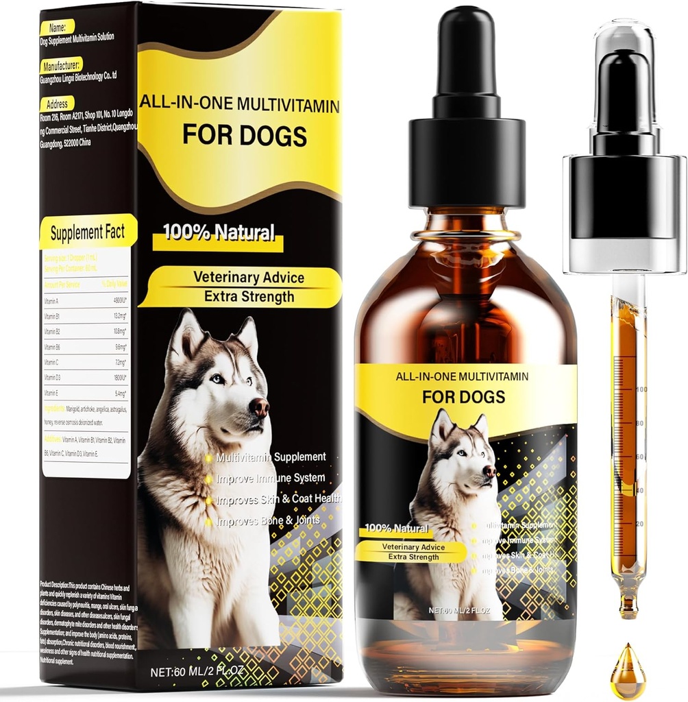 Hund Multivitamin Væske, 13-1 Hund Vitaminer Ekstra Styrke til at forbedre hundens fordøjelse, immunforsvar, hud, Coat, Ben, Joints Sundhed, 60 Ml Natur Hund Vitaminer og Kosttilskud til alle aldre Breed Sizes Hund
