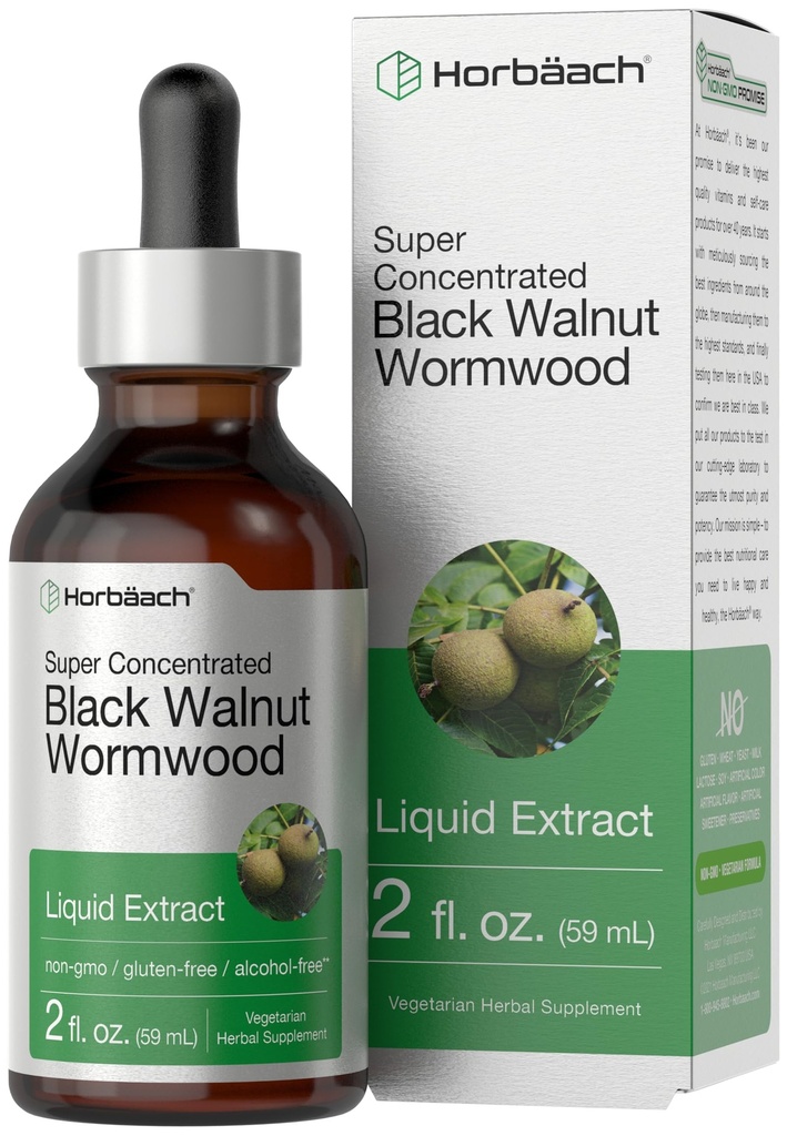 Horbäach Black Walnut Hull Wormwood Extract Tincture Yep 124; 2 fl oz Yep 124; Alkohol Free Liquid Yep 124; Vegetar, Non- GMO & Gluten Free Supplement