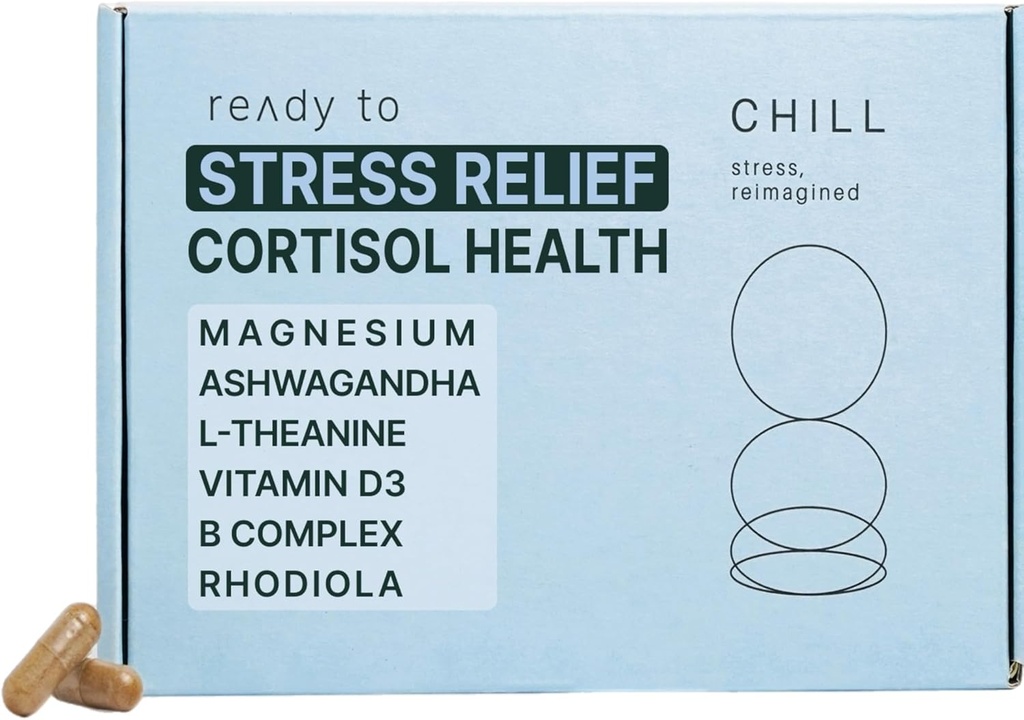 CHILL Stress Relief Supplement - Cortisol Sundhed for kvinder & mænd - Balanceret mad, afslapning og søvn - Magnesium, Ashwagandha, L- Theanine, B Complex - 60 kapsler 11 / 30 / 25 Udløb