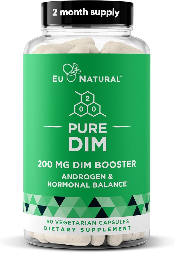 DIM supplement Pure 200 Mg for kvinder eller mænd - Østrogen Hormone Balance Supplement for energi, Træthed, Stress, Menopause, Hot Flashs - Forbedret biotilgængelighed BioPerine - 60 Vegan bløde kapsler