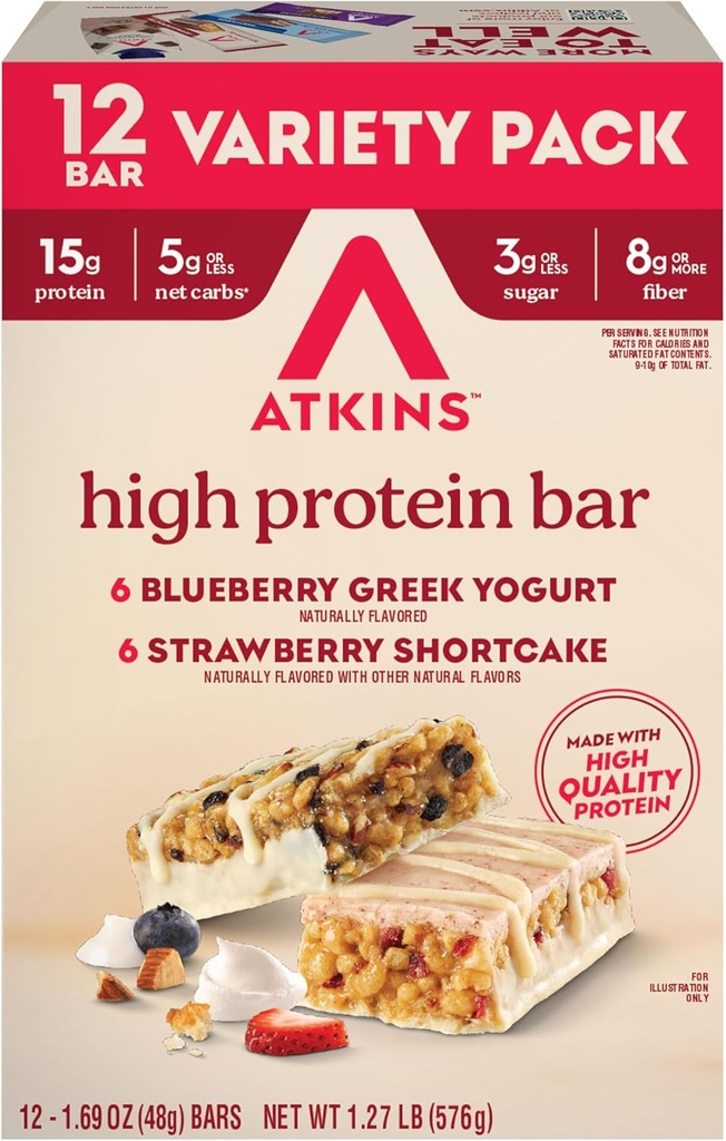 Askins Blåbær Græsk Yogurt & Jordbær Shortcake High Protein Bar, High Fiber, Keto Friendly, 12 Greve (6 Barer Hver Flavor)