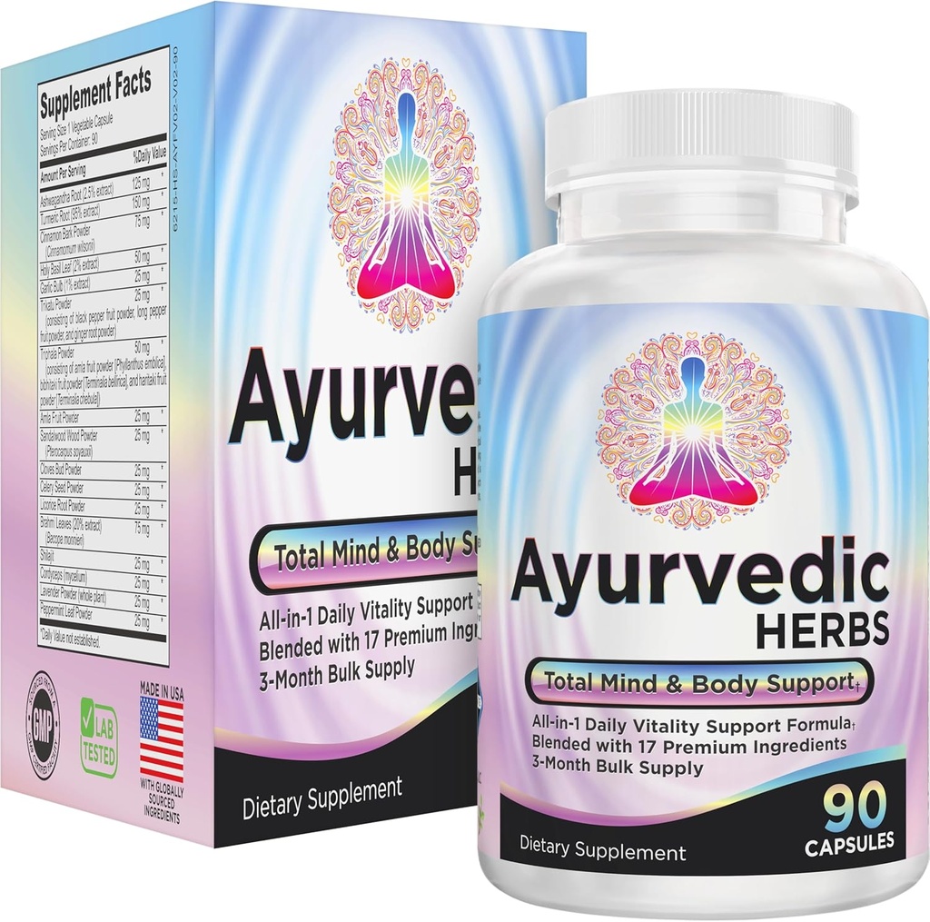 AYURVEDIC urter 3-måned Supply (All- in-1) Supplement Blend Note 124; Ayurveda Mind Body Spirit Herbal Complex med 17 Aktive Ingredienser