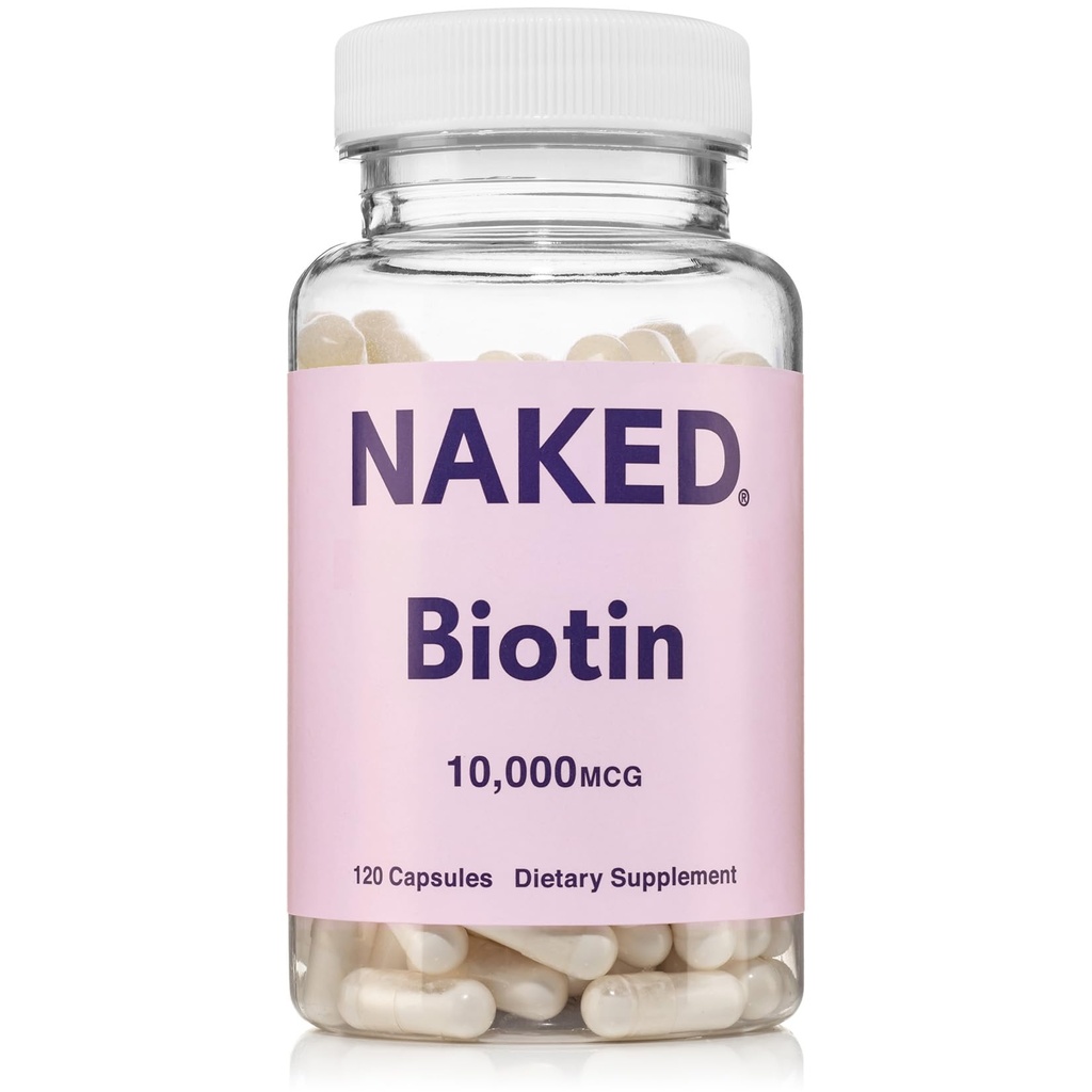 NAKED Biotin 10,000mcg - Max Strength Vitamin B7 supplement til sundt hår, hud & negle support - Non-GMO, Gluten- Free, Vegan - Understøtter Keratin produktion - 120 kapsler