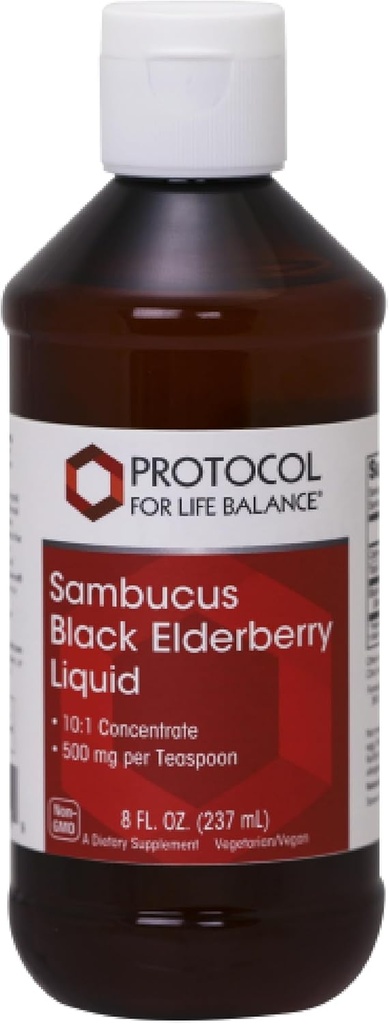 PROTOKOL FOR LIV BALANCE Sambucus Black Elderberry Liquid - 500 mg Black Elderberry - for Wellness Support - med naturligt forekommende forbindelser - ikke-GMO, Kosher & Vegan - 8 fl oz