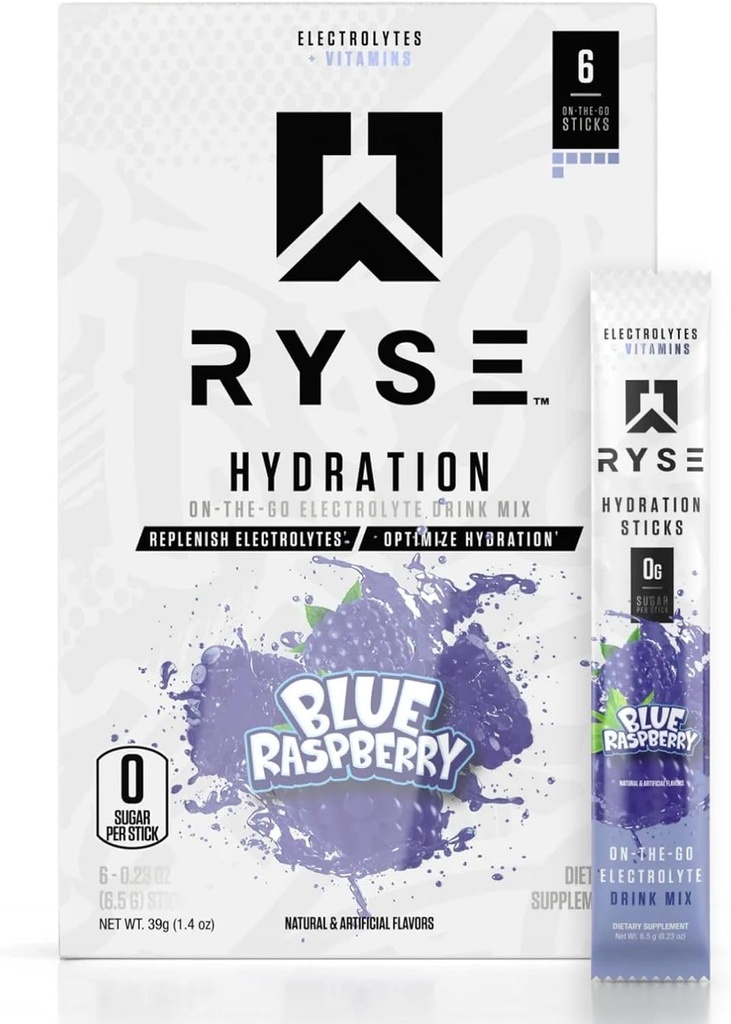 Ryse Core Hydration | On The Go Electrolyte Drink Mix Packets | with All 6 Electrolytes + Essential Vitamins | Zero Sugar | 6 Servings (Blue Raspberry)