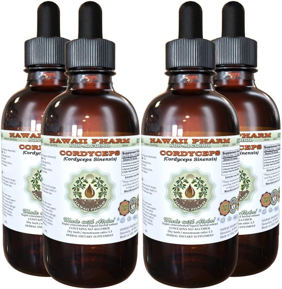 Cordyceps Alkohol- Free Liquid Extract, Cordyceps (Cordyceps Sinensis) Svampe Glycerit Hawaii Pharm Natural Herbal Supplement 4x4 oz