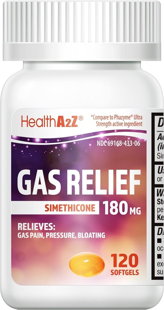 HealthA2Z® Gas Relief Simethicone | 180 MG | Relieves from Stomach Discomfort and Gas | Anti Flatulence | Relieves Gas Fast (120 Count (Pack of 1))