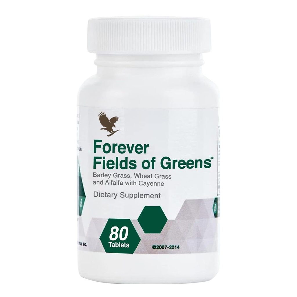 Forever Living - Fields of Greens, Green Superfood supplement med Barley Grass, Hvede Grass, og Alfalfa til Cleansing og Alkalisering, 80 tabletter