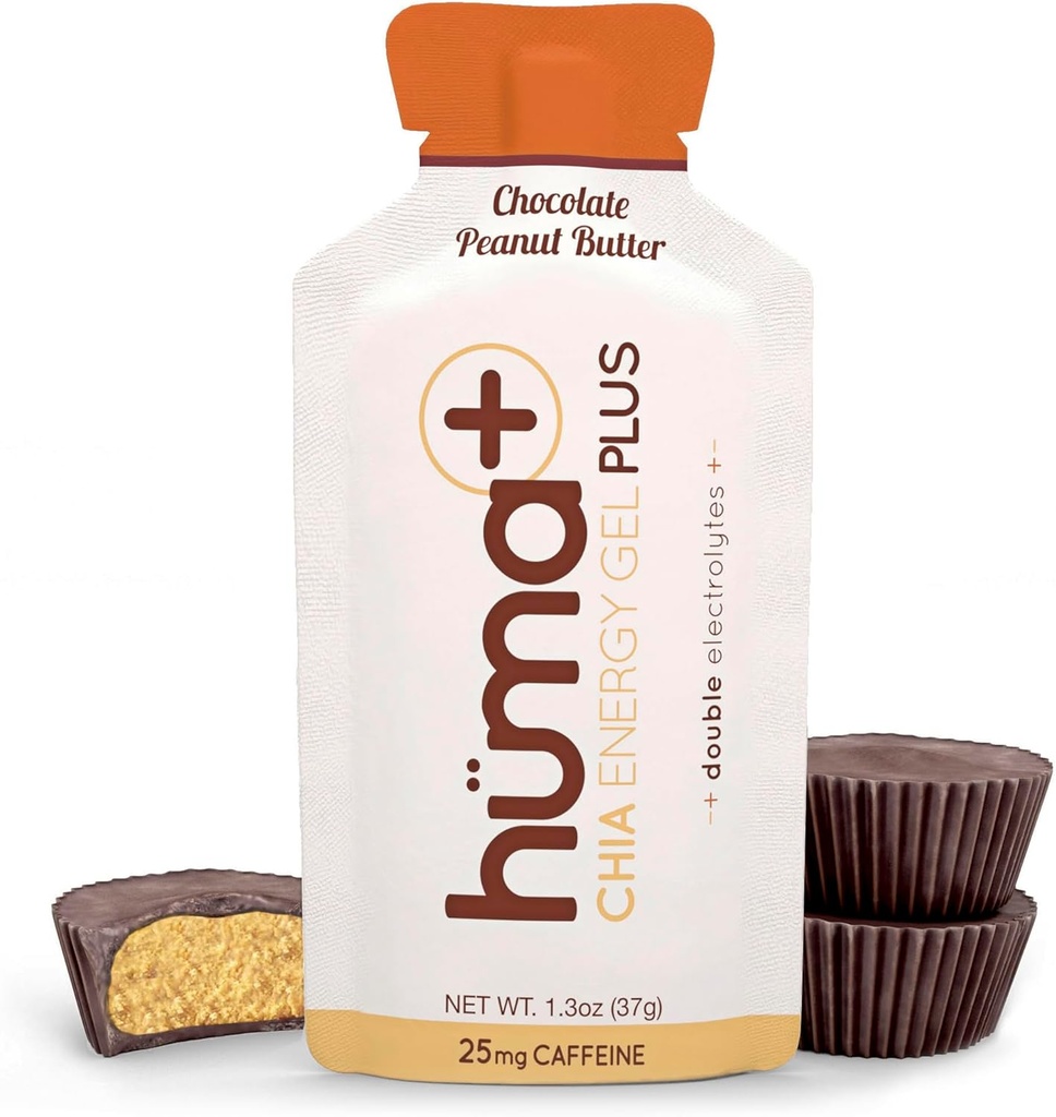 Huma Plus (Double Electrolytes) - Chia Energy Gel, Chokolade Peanut Butter, 12 Gels - Mave venlige, Real Food Energy Gels