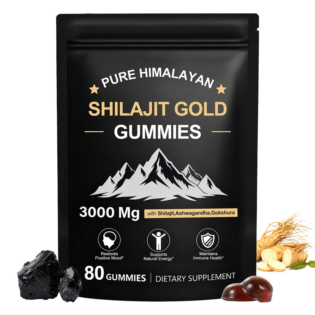 Shilajit Gummies, Pure Himalayan Shilajit Gummies Gold, No Added Sugar Non- GMO 100% Natural & Organic, Ashwagandha, Gokshura against 124; Fulvic Acid & 85 + Trace Minerals for Mænd, Kvinder