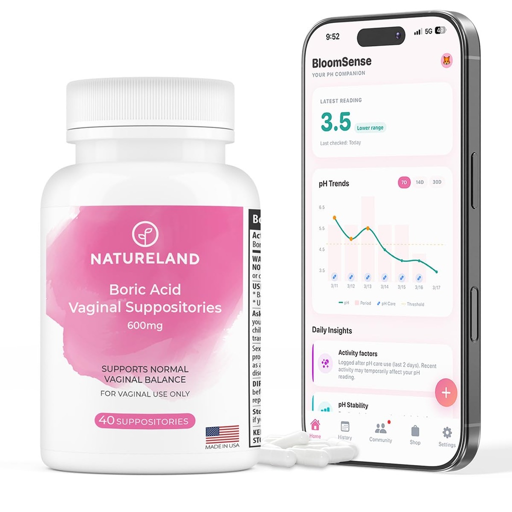 Natureland 40 Greve, 600mg Boric Acid Vaginal Suppositorier, Made in USA, Gendanne pH balance og reducere tørhed, Lugter, Itchiness, og Decharge, Support Intimate Health (40 Greve (Pack of 1))