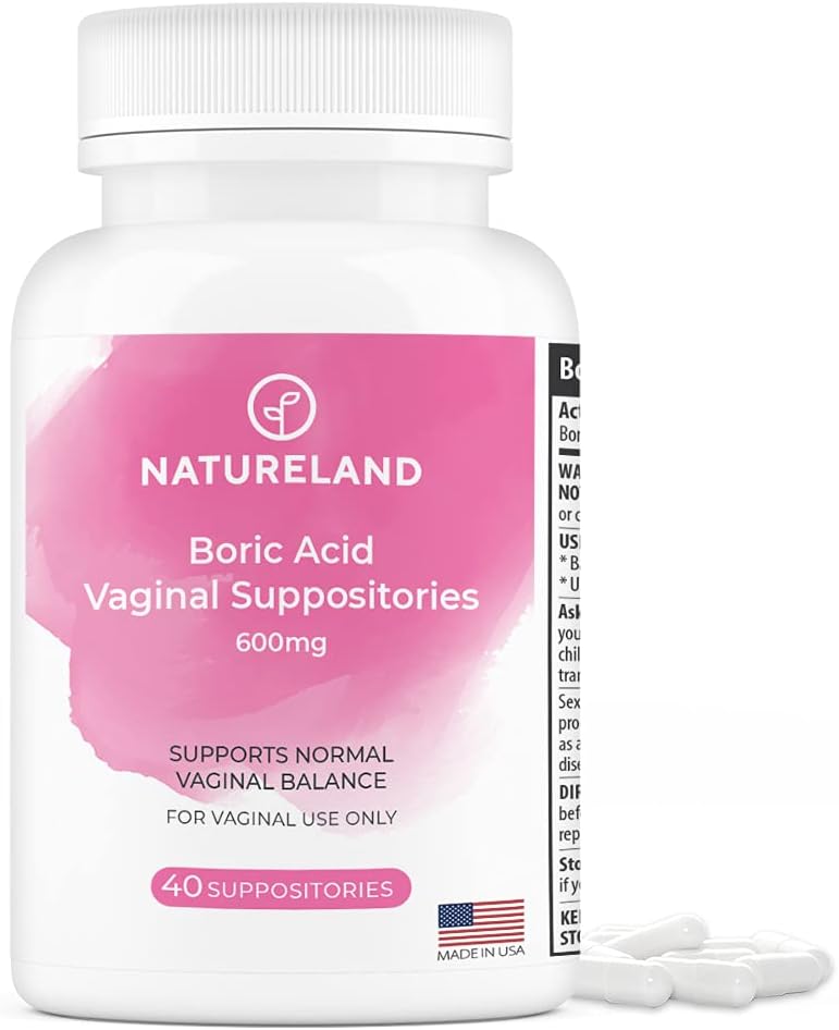 Natureland 40 Greve, 600mg Boric Acid Vaginal Suppositorier, Made in USA, Gendanne pH balance og reducere tørhed, Lugter, Itchiness, og Decharge, Support Intimate Health (40 Greve (Pack of 1))