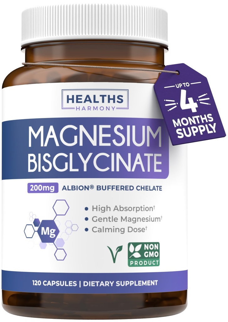 Høj Absorption Magnesium Bisglycinat kapsler - Klinisk valideret Buffered og Chelated Magnesium supplement - 1 Daglig Vegansk kapsel med Lab Verified Gentle 200mg Servering (4 Måned Supply)