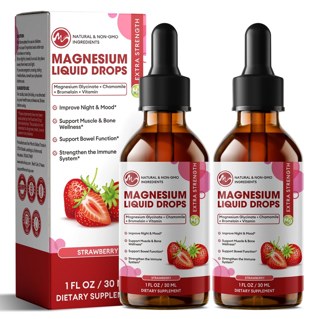 M tommer Magnesium Glycinat Væske, Høj Absorption Magnesium Væskedråber med Cellulose Fiber, Bromelain, B6-vitamin, C, D, Zink, Magnesium Supplement til børn og voksne, Jordbær Flavor, 2 Pack