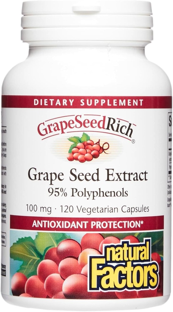 Naturlige faktorer, GrapeSeedRich Grape Seed Extract, Antioxidant Support for Sund Inflammation Response, 120 Kapsler