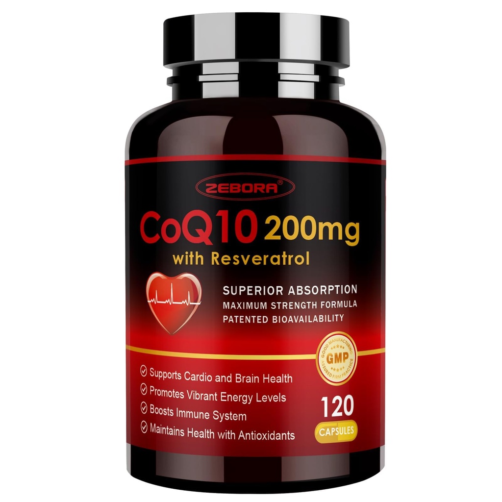 ZEBORA CoQ10- 200mg med Trans- Resveratrol, PQQ & E-vitamin - High Absorption Coenzyme- Q10 med BioPerine - Kraftig antioxidant til hjerte & energi- produktion, 120 Veggie kapsler