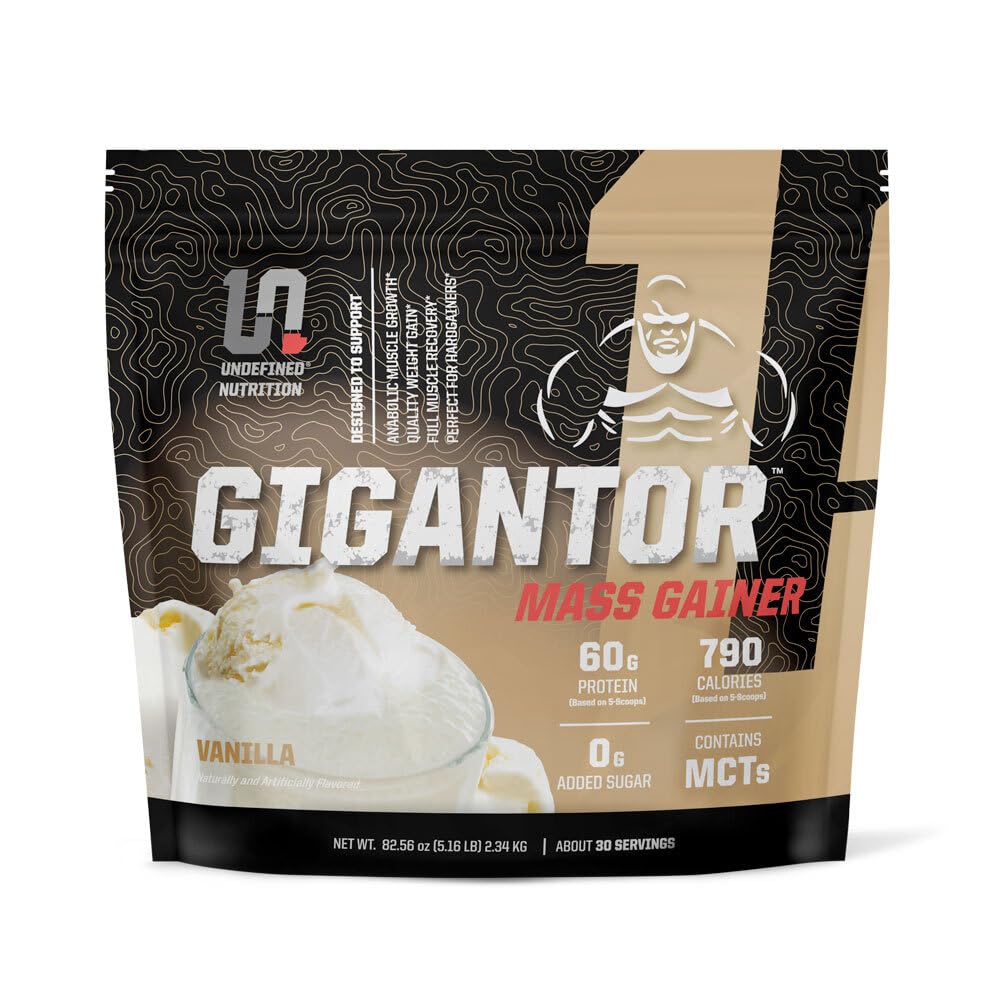 Udefineret ernæring Gigantor Mass Gainer af Brian Shaw (60g Protein, 30 Servere, op til 790 Kvalitetskalorier) - Hardcore Hard Gainer Formel med 5- fase protein Blend (5.16 lbs, Vanilla)