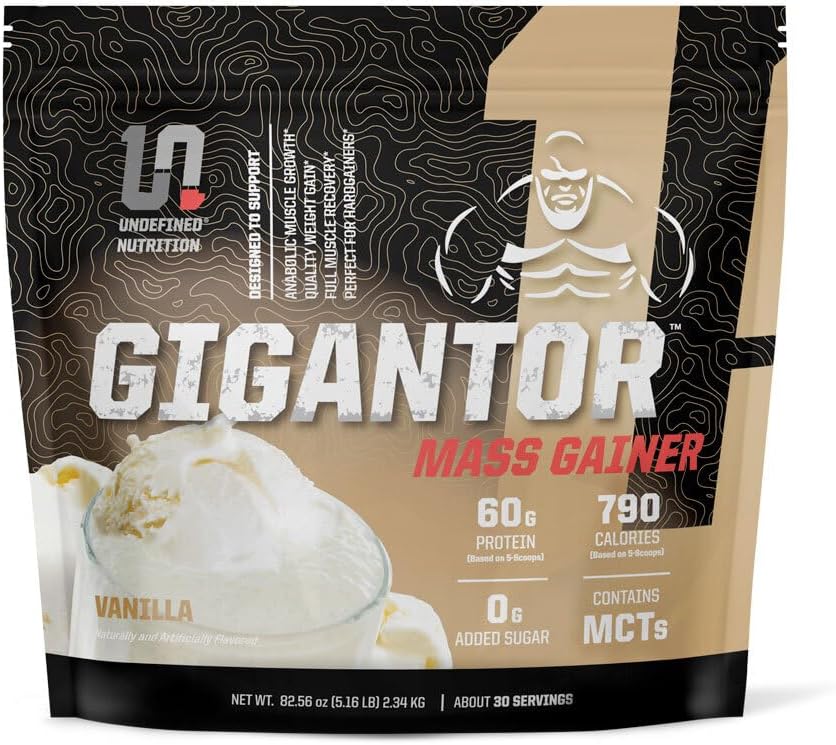 Udefineret ernæring Gigantor Mass Gainer af Brian Shaw (60g Protein, 30 Servere, op til 790 Kvalitetskalorier) - Hardcore Hard Gainer Formel med 5- fase protein Blend (5.16 lbs, Vanilla)