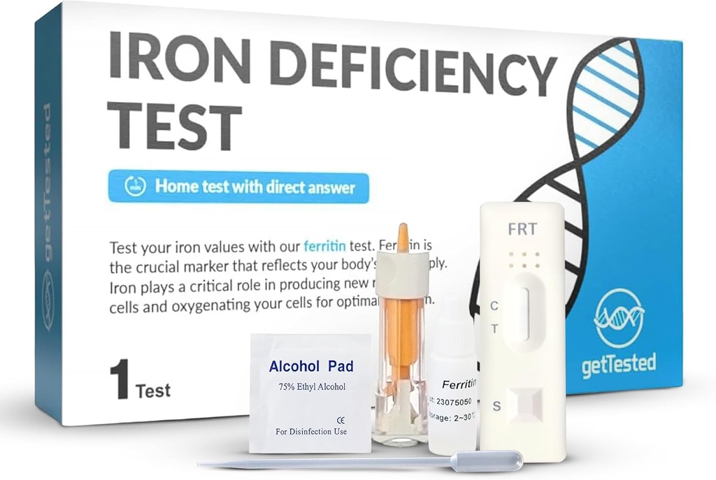 getTested Iron Dificiency Test Kit - at Home Blood Test for Anæmi med hurtige resultater - Fingerprick Sample, Ingen Lab Visit påkrævet - Klinisk valideret Check for Low Iron Nivels