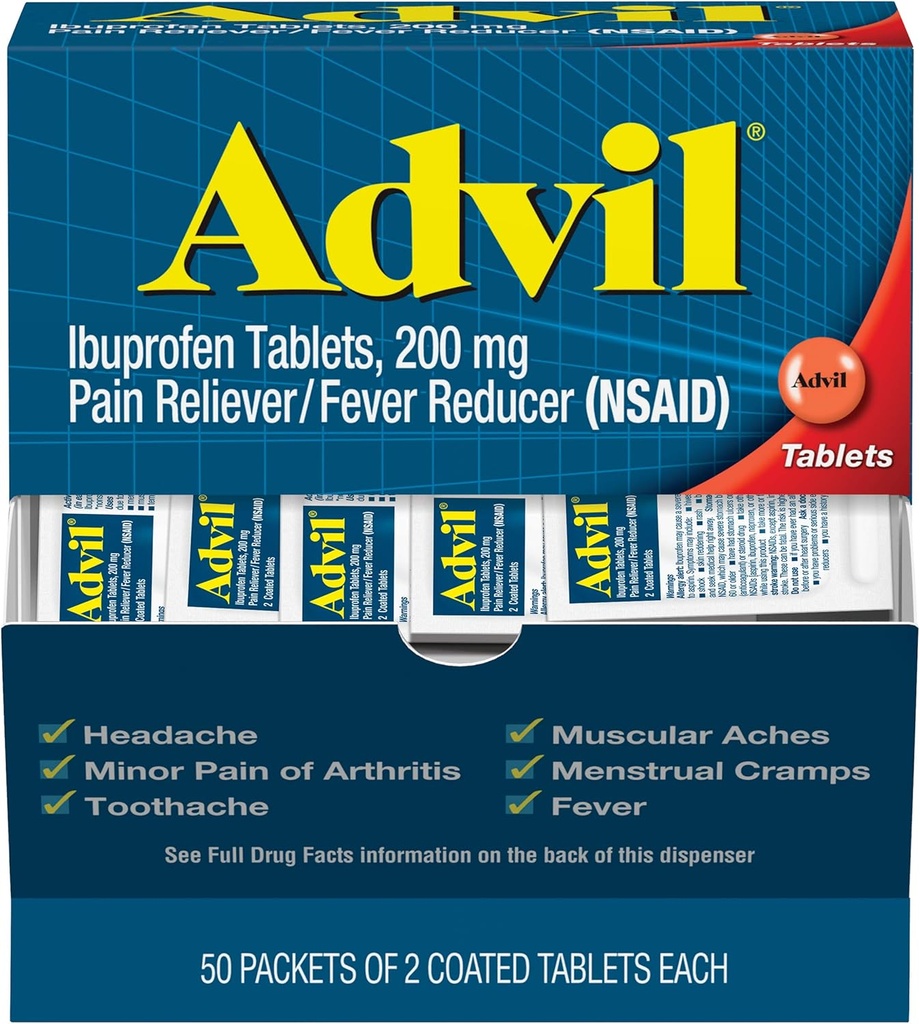 Advil Pain Reliever og Fever Reducer, smertestillende medicin med Ibuprofen 200 mg for hovedpine, rygsmerter, menstruation og fælles smertelindring - 100 overtrukne tabletter (Emballage kan variere)
