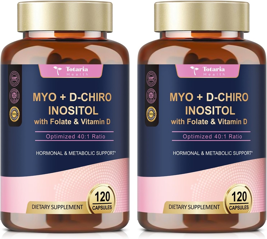 Totaria Inositol Supplement for Women with Vitamin D3, Folate, 40:1 Ratio Myo-Inositol & D-Chiro Inositol Complex, (Vitamin B8) Inositol Capsules, Pack of 2