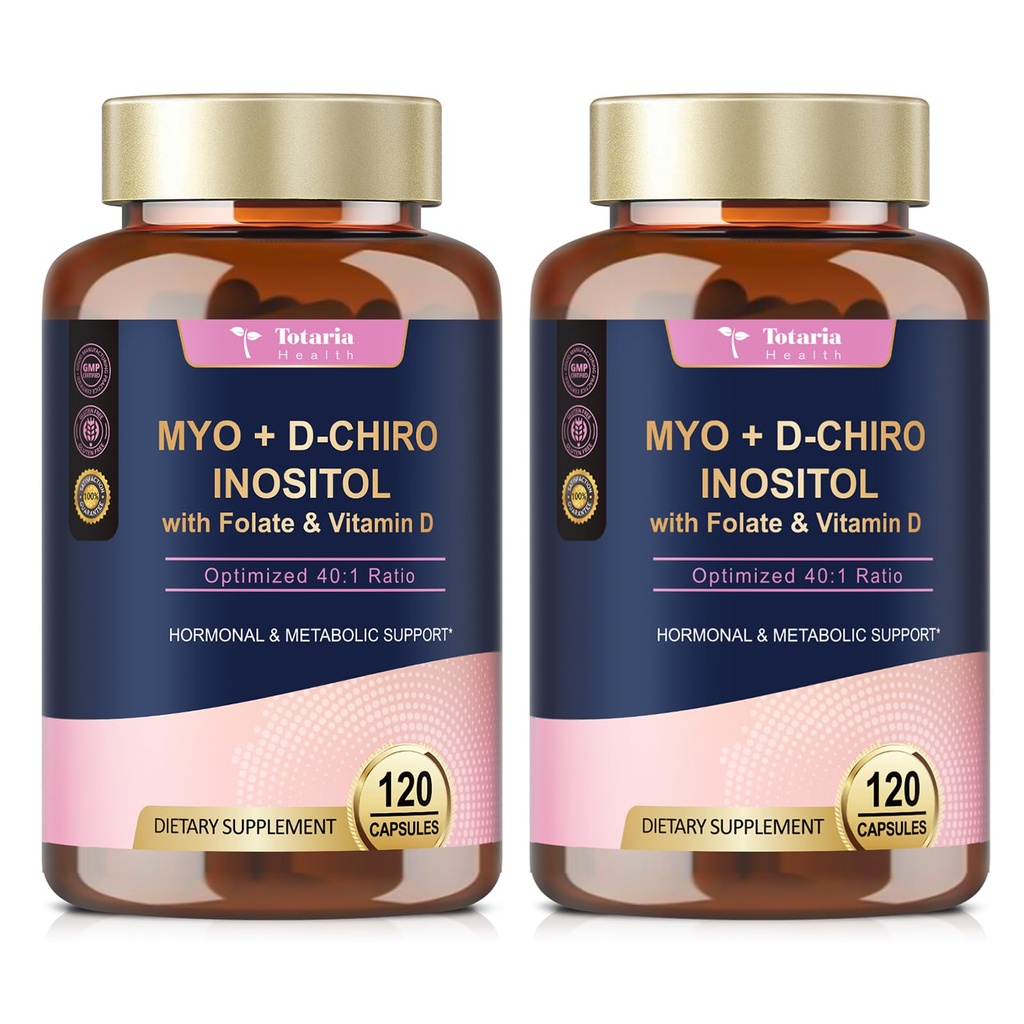 Totaria Inositol Supplement for kvinder med vitamin D3, Folate, 40: 1 Ratio Myo- Inositol & D- Chiro Inositol Complex, (Vitamin B8) Inositol kapsler, pakke med 2