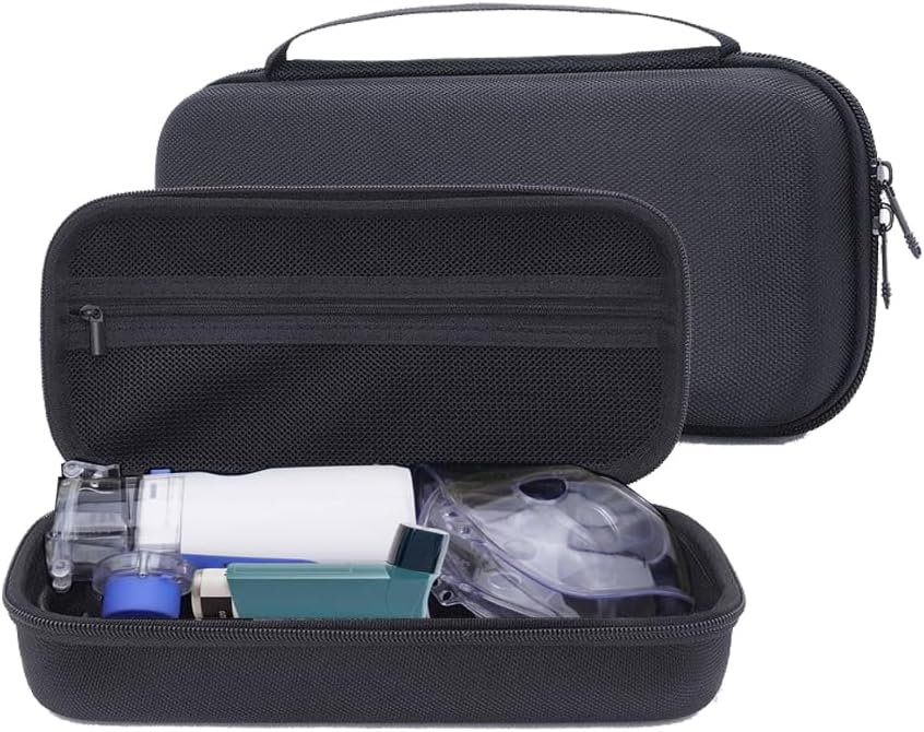 Hårde Shell carrying sag for Portable håndholdte Nebulizer Machine Asthma Inhaler, EVA Travel Bag til Asthma Spacer Mask for mænd og Woemn, Medicin Kits Organizer, Atomizer Holder med Mesh Pocket