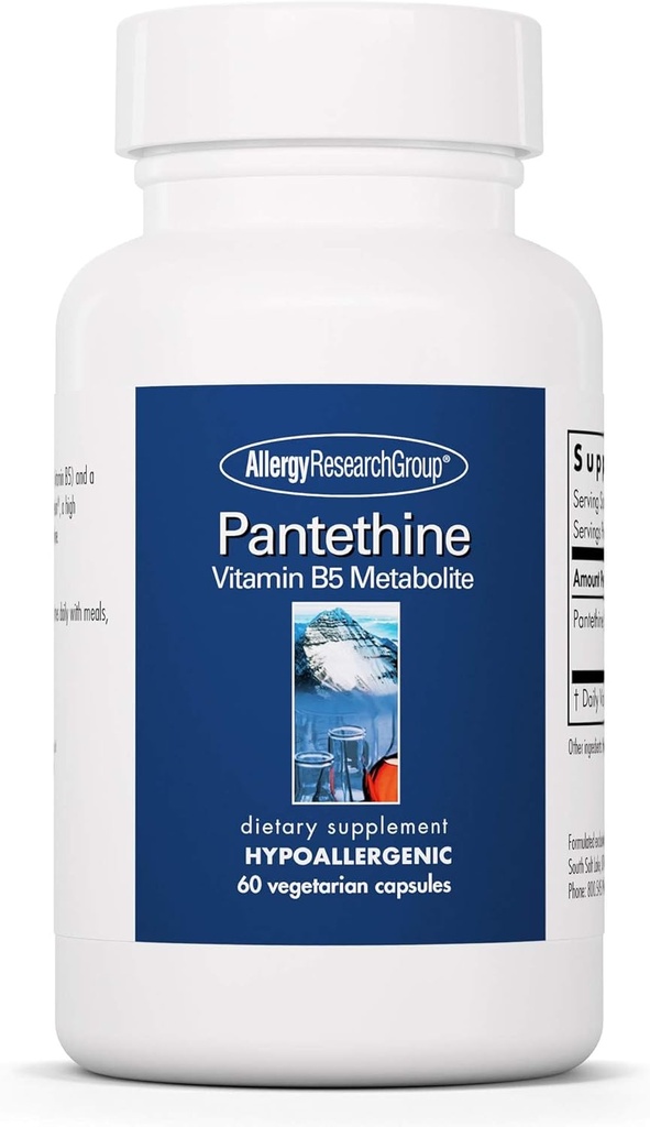 Allergy Research Group Pantethine Supplement - Vitamin B5, Pantothensyre, Metabolisme Support, Lever Support, Cardiovaskulær Supplement, Coenzym A, 660mg Vegetariske Kapsler - 60 Tæl