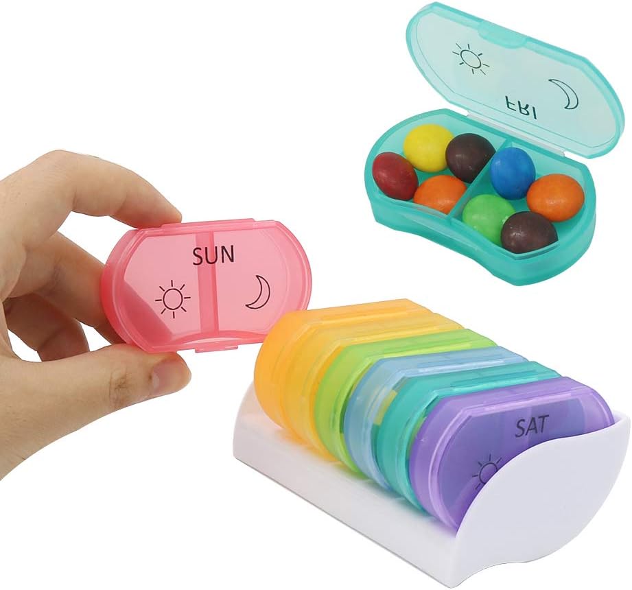 HRX Pakke Little Daily Pill Box Case AM PM for 7 Dag, Lille Pocket Purse Pills Holder, Cute Drug Organizer Container 2 gange om dagen