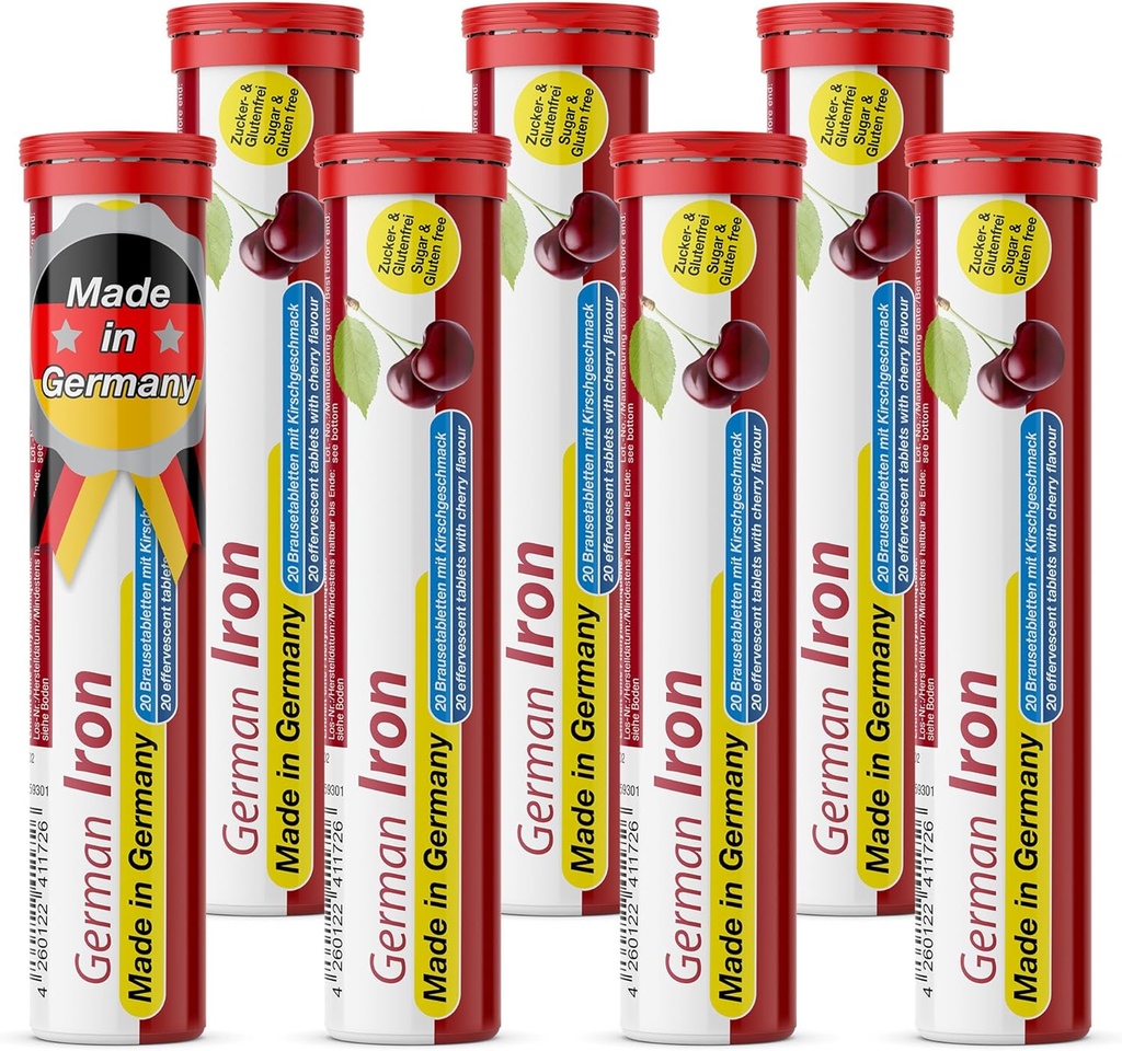 T & D German Iron 14 mg - 140 Vegan Drink Effervescent tabletter - Cherry Flavor - Made in Germany
