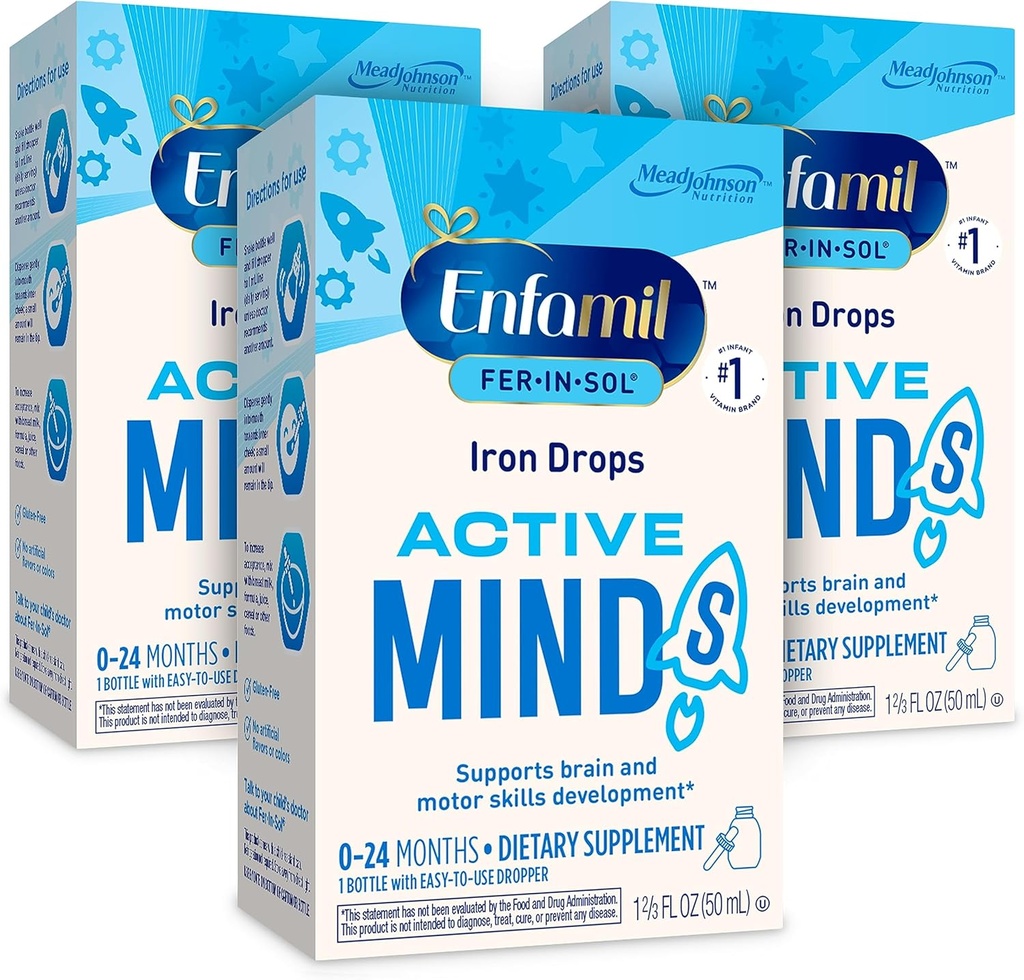 Enfamil Fer- In- Sol jerntilskud dråber til spædbørn og småbørn, understøtter brain udvikling, 50 ml dropper flaske, pakke med 3