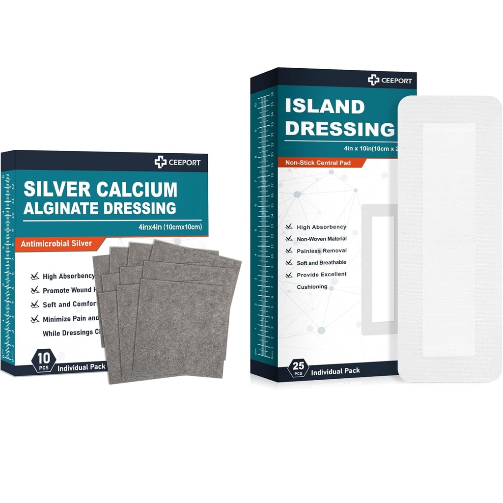 Sølv Calcium Alginate Dressing (4 "x4" 10Pcs) + Island Dressing (4 "x 10" 25Pcs)