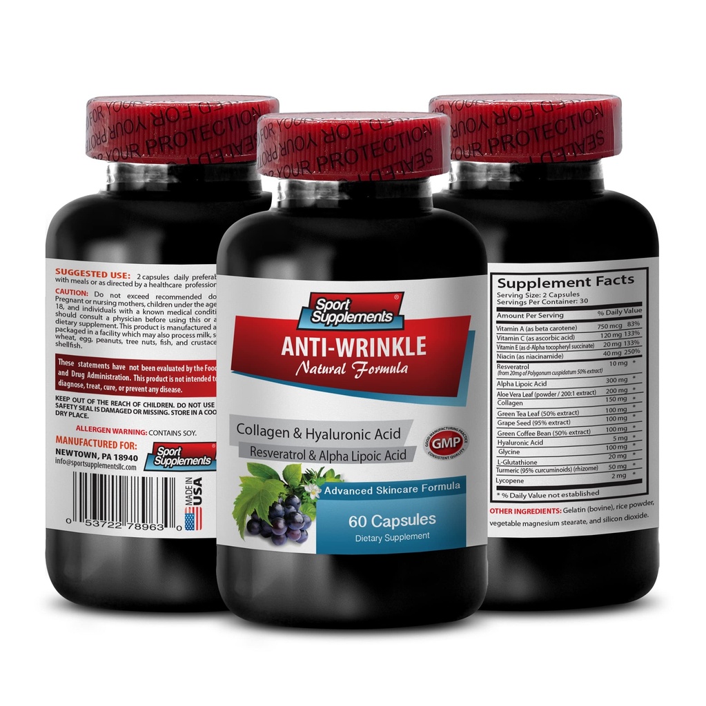 Resveratrol 250 - Anti-Wrinkle piller - Anti-aging hudpleje til kvinder, collagen anti rynke piller, aloe vera juice til huden, aloe vera kapsler økologiske, halversyre vitaminer, 1 Bot 60 Kapsler