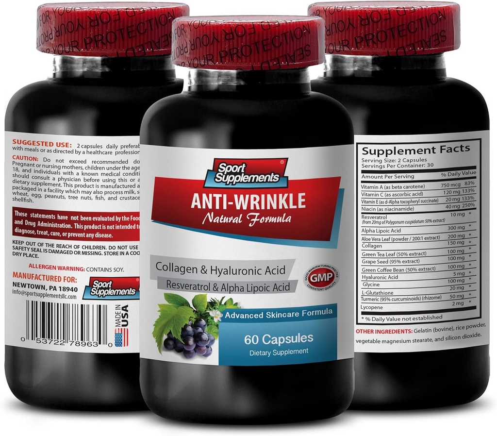 Resveratrol 250 - Anti-Wrinkle piller - Anti-aging hudpleje til kvinder, collagen anti rynke piller, aloe vera juice til huden, aloe vera kapsler økologiske, halversyre vitaminer, 1 Bot 60 Kapsler