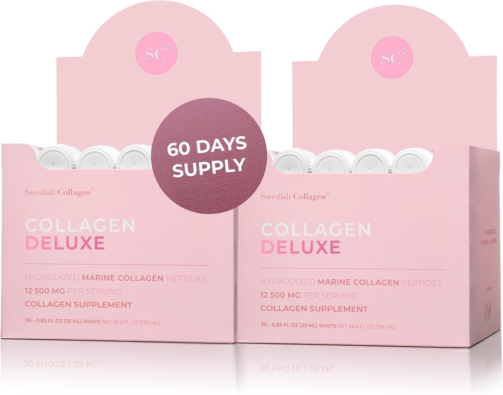 Collagen Deluxe 30 shots x 2 I 8 Week Bundle I 12500 mg Marine Collagen (type I & III) I Hyaluronsyre, Biotin, vitamin C I Sugar- Free - 8 Week Supply